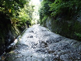 鎌倉側から朝夷奈切通に入るとこのような坂道がしばらく続く。道の両端は側溝があり水が流れている。側溝が人工物か自然にできたものかは不明。